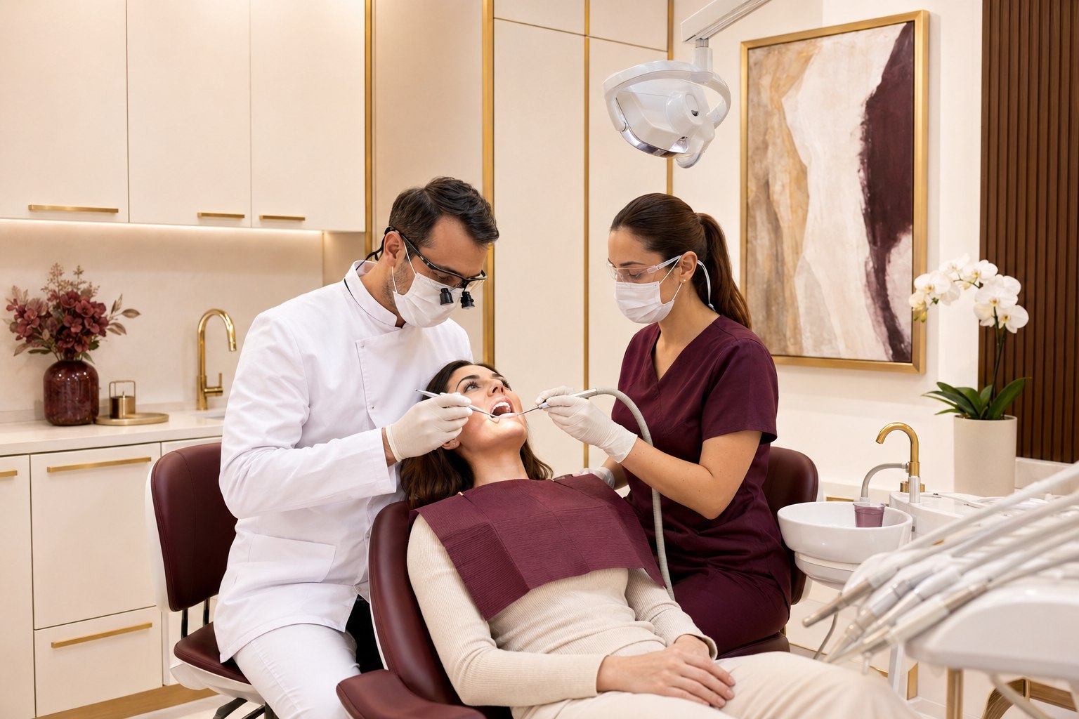 Mjek dhe asistente duke trajtuar një paciente në një klinikë dentare moderne